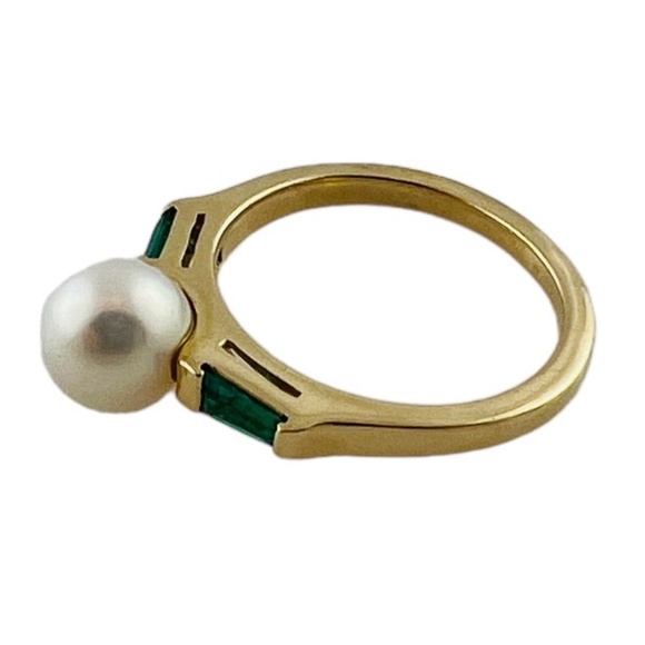 14K Yellow Gold Cultured Pearl Lab Created Emerald Ring Size 5 #15676 - Picture 9 of 9